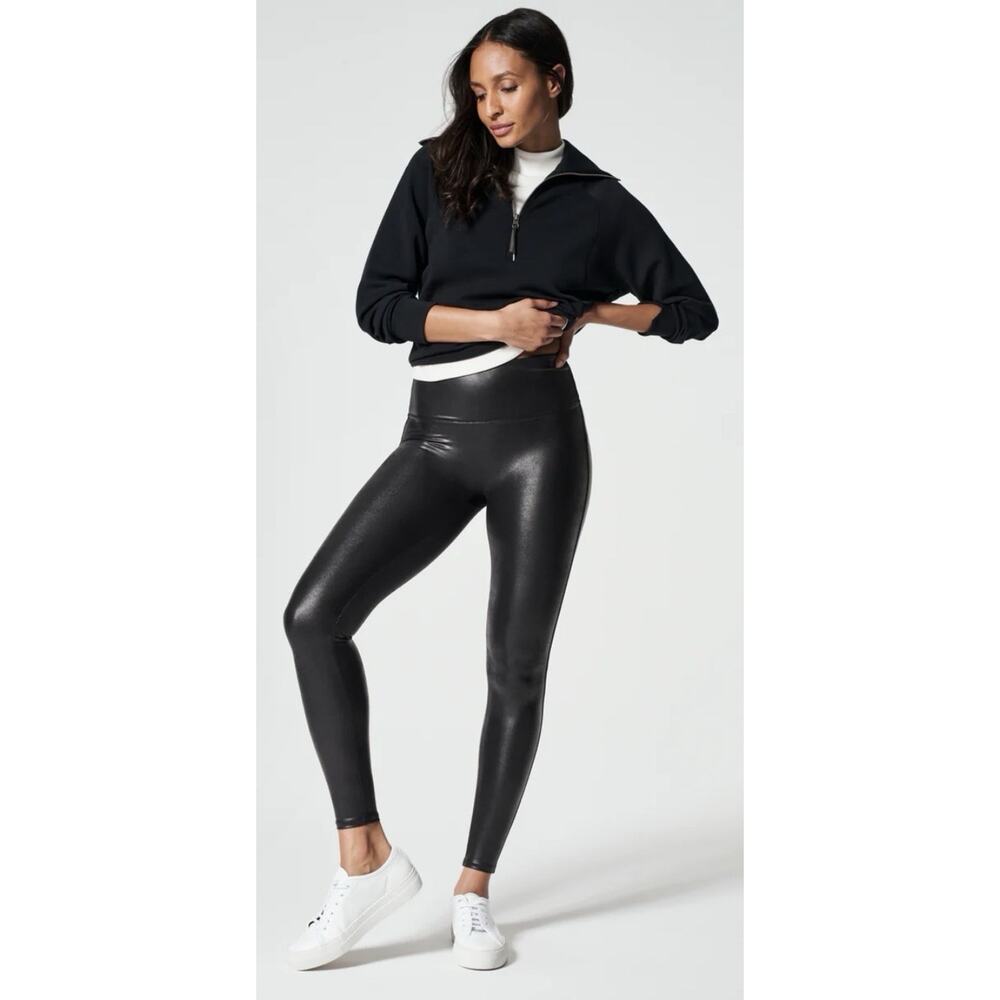 Small Spanx Large Petite Black Faux Leather Legging Slim Fit Pull On NWT $98